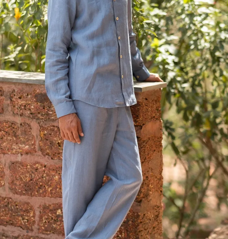 Blue Linen Pull-On Pants