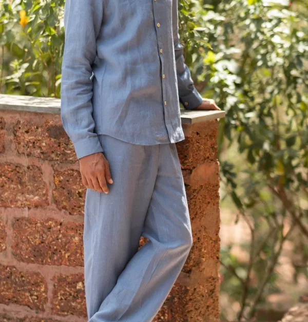 Blue Linen Pull-On Pants