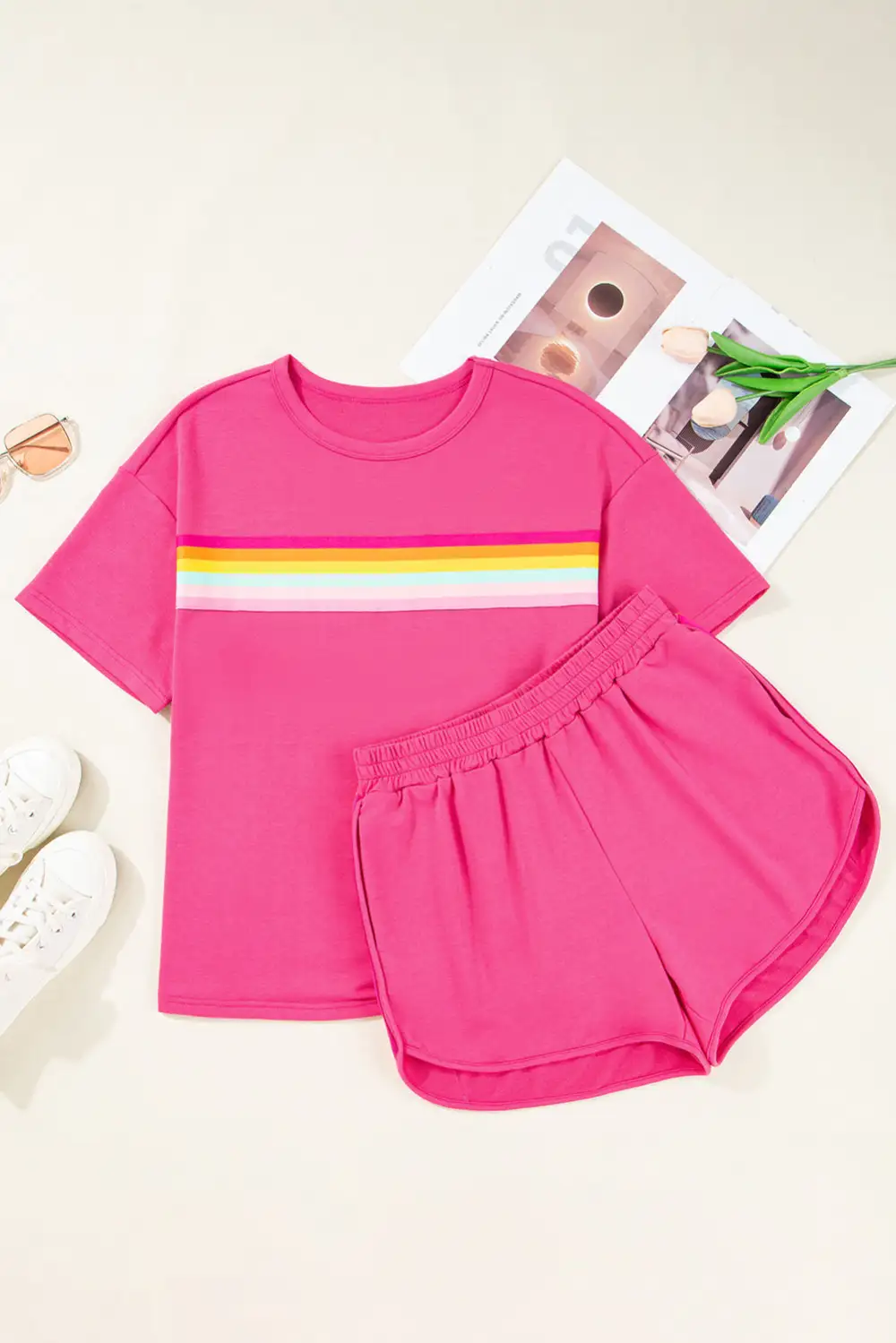 Women's Vibrant Striped Detail Athleisure Two Piece Short Set