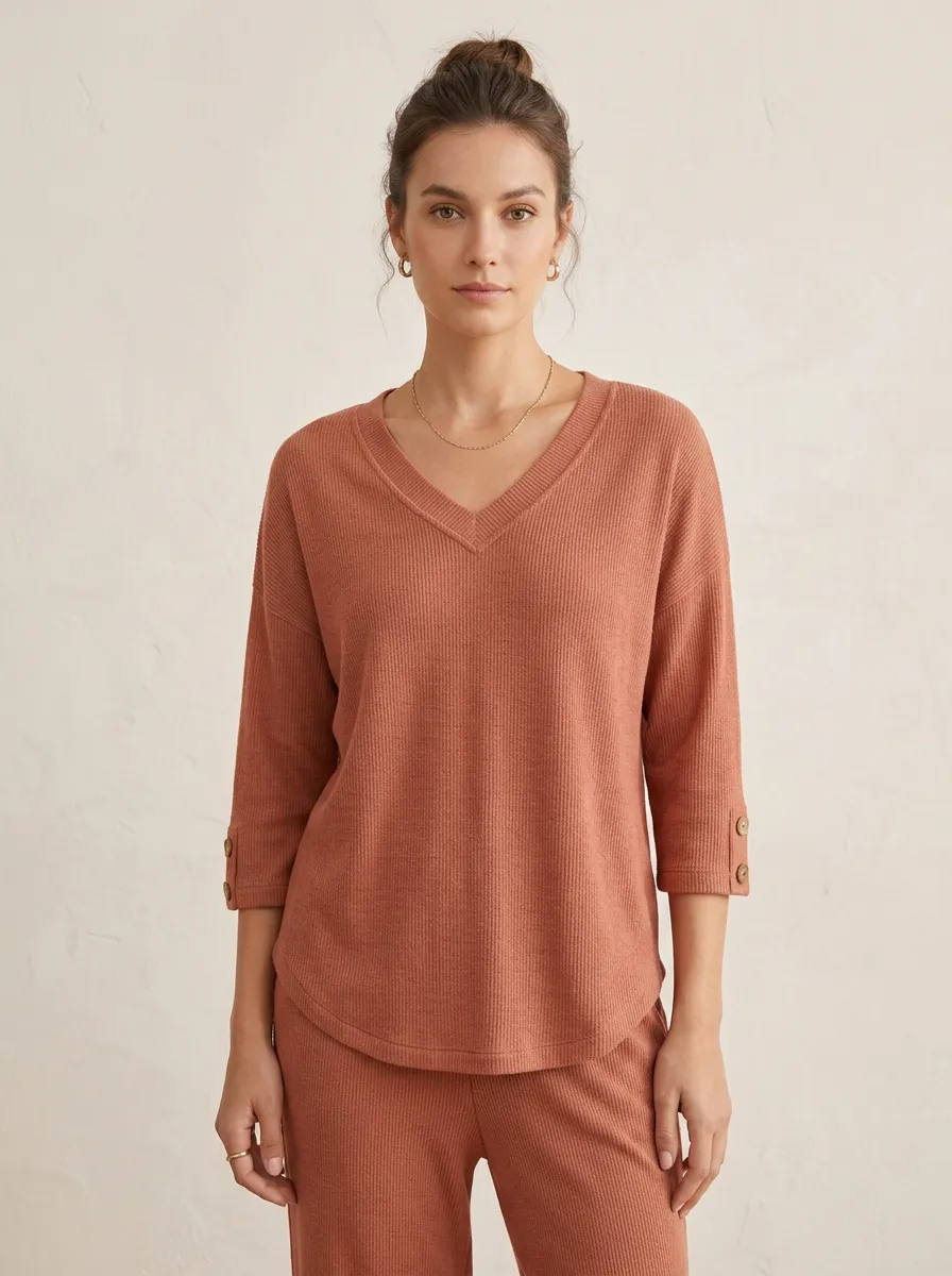 Short-Sleeve Button-Detail Ribbed Women's V-Neck Shirt
