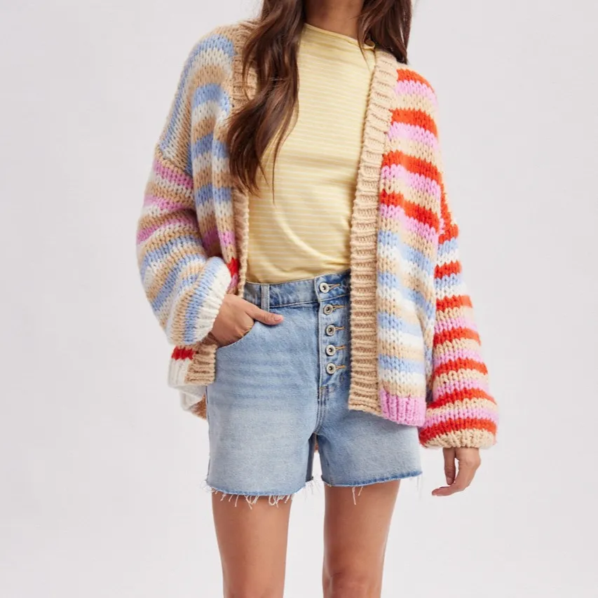 Open Front Chunky Knit Ribbed Dropped Shoulder Cardigan