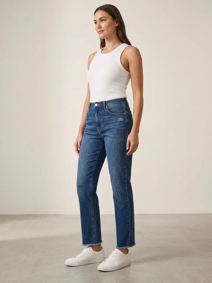Women's Sun Embroidered Whiskered Frayed-Hem High-Rise Straight-Leg Jeans