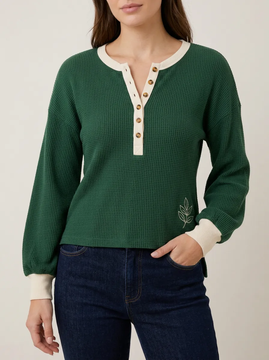 Easygoing Layered Botanical Leaf Embroidered Waffle Knit Henley Top
