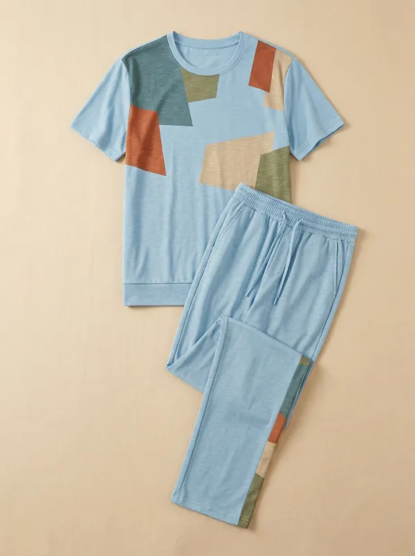 Men's Geometric Colorblock Pattern Printed Casual Lounge Set
