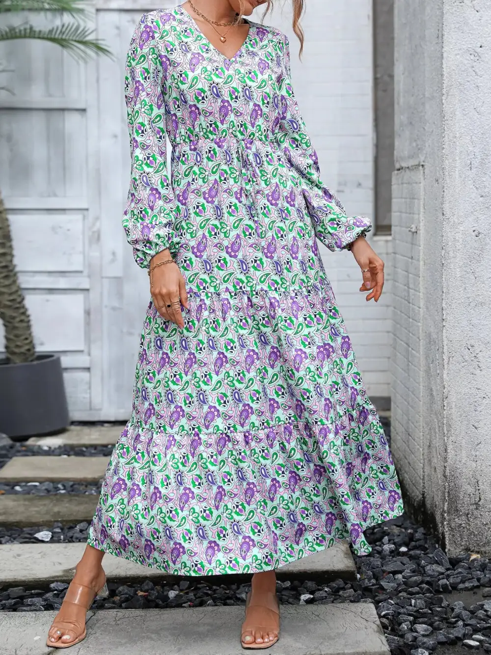 Smooth Finish Printed V Neck Long Sleeve Dress