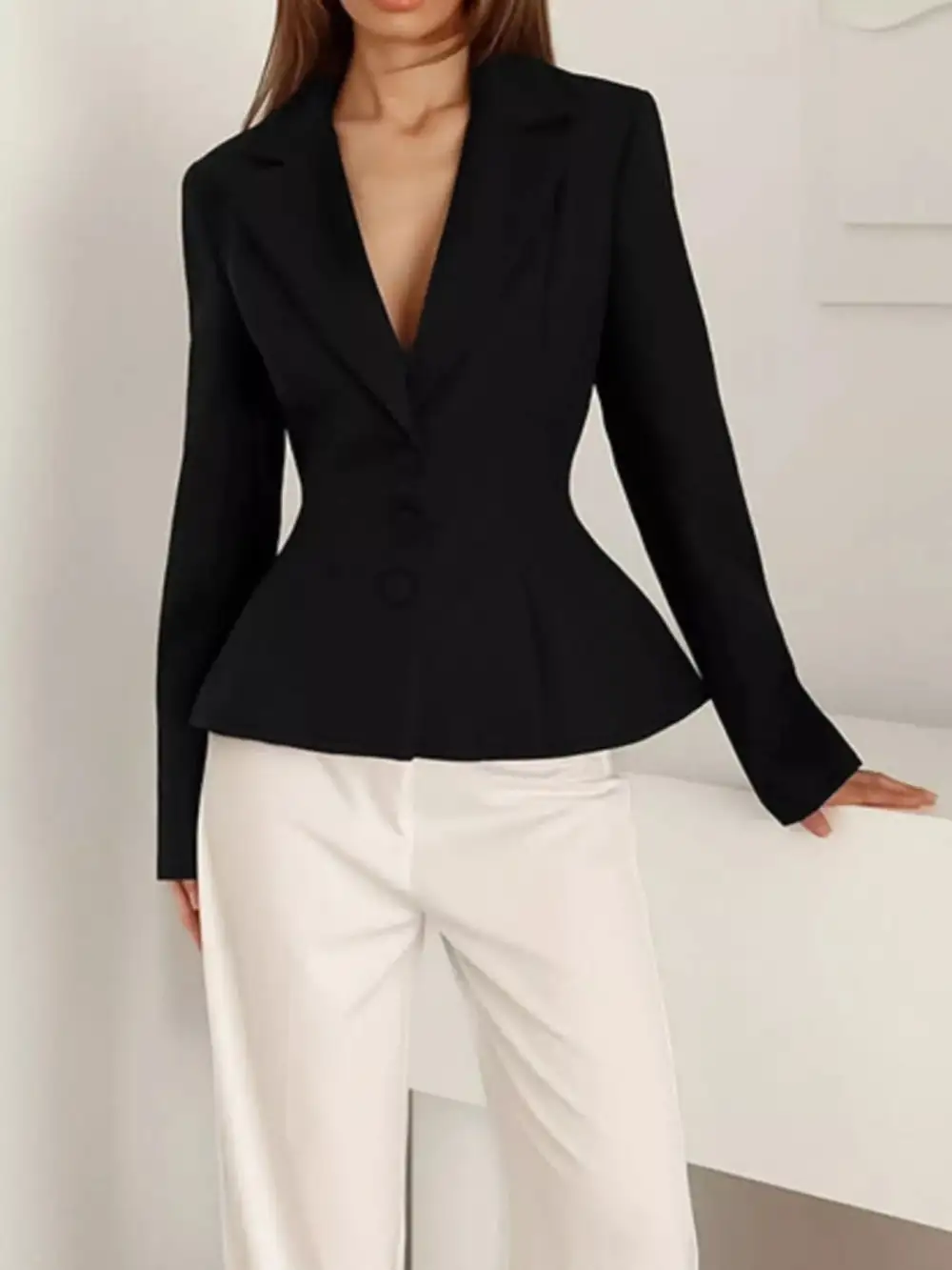 Button-Up Lapel-Collar Peplum Blazer