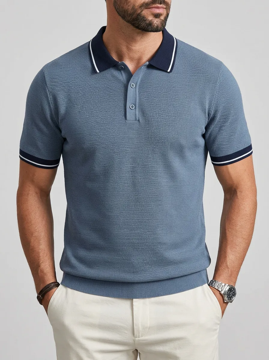 Men's Casual Blue Textured Contrast Trim Polo Shirt