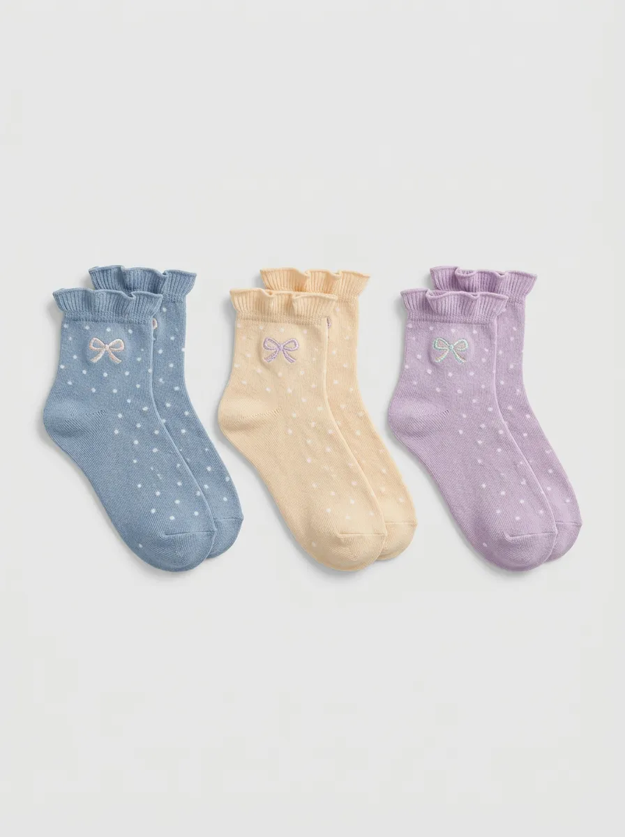 Women's Bow Polka Dot Embroidered Ruffle Socks 3-Pack