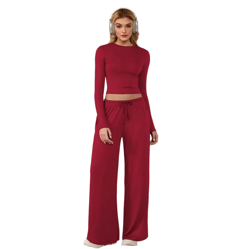 Women's two-piece tracksuit set, long-sleeved crop top and wide-leg pants