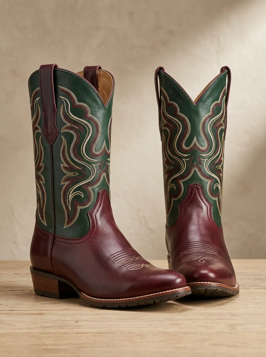 Unisex Western Cowboy Burgundy Embroidered Boots