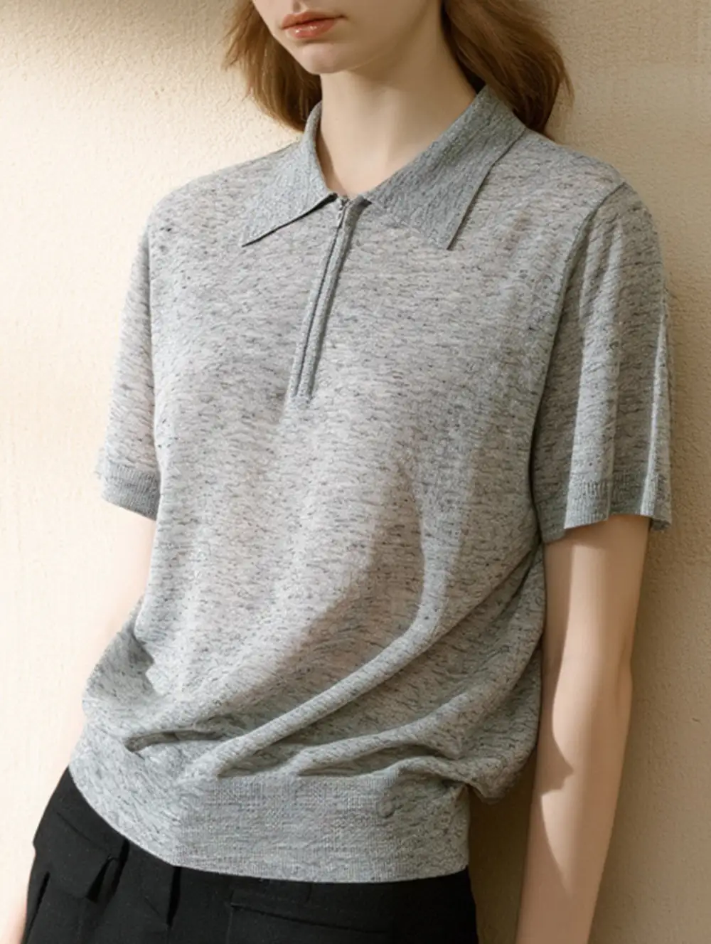 Knit Polo Zip Short Sleeve Top