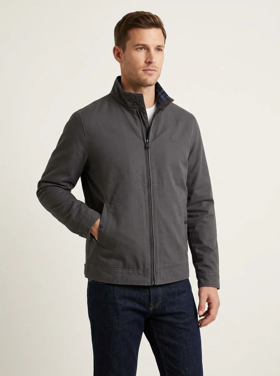 Men's Casual Plaid Collar Grey Zip-up Jacket
