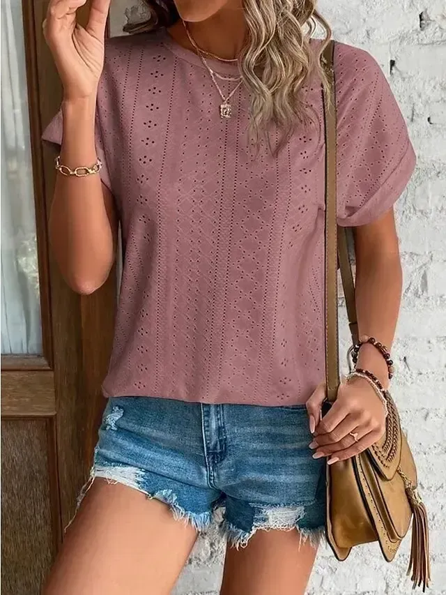 Women's T shirt Tee White Eyelet Tops Light Blue Black White Plain Cut Out Short Sleeve Daily Weekend Basic Round Neck Regular Cotton S