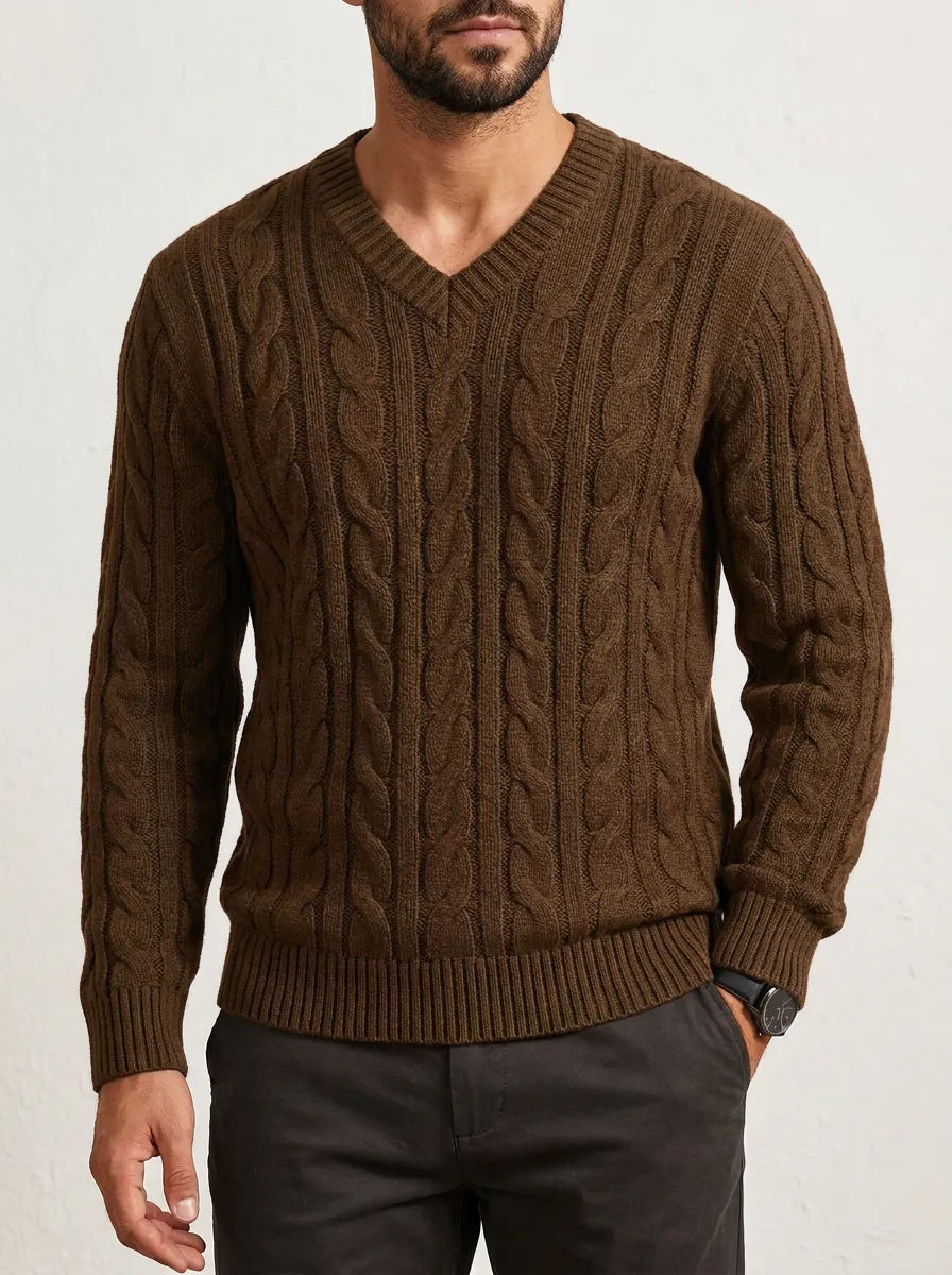 Men’s Ribbed Cable-Knit V-Neck Simple Sweater