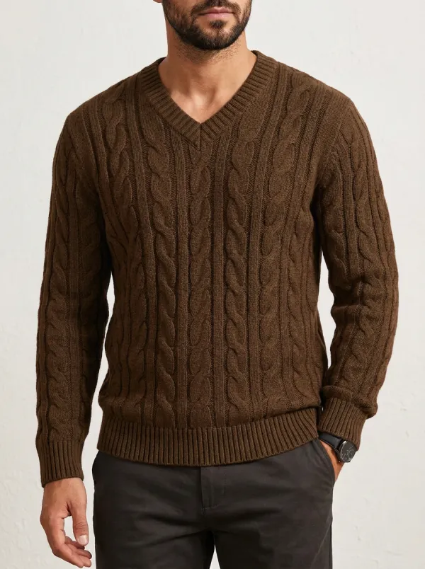 Men’s Ribbed Cable-Knit V-Neck Simple Sweater
