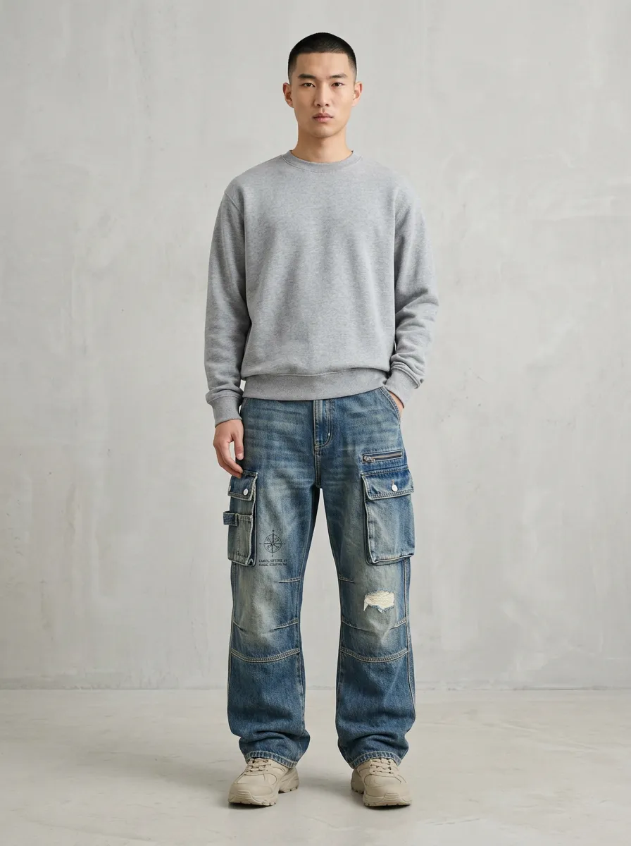 Men's Streetwear Compass Graphic Distressed Printed Cargo Jeans