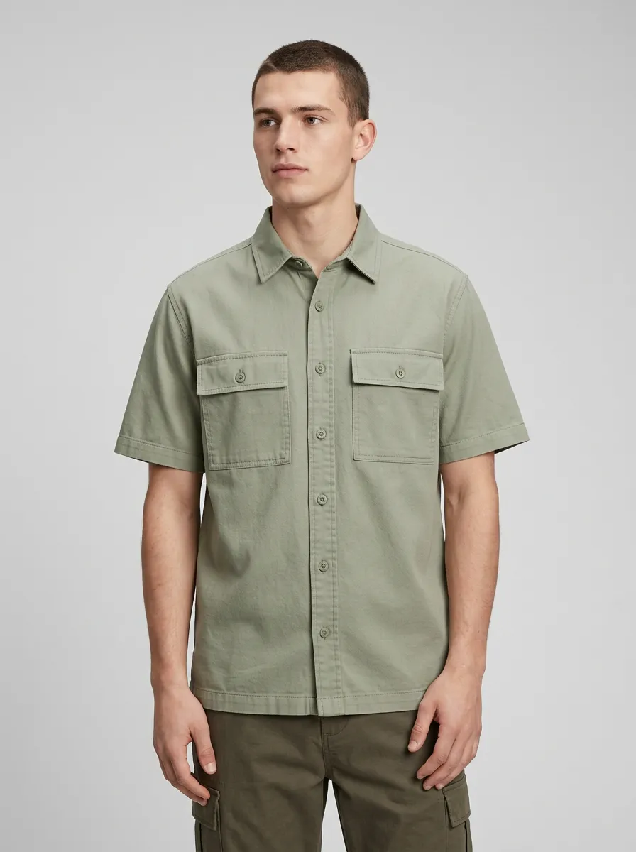 Men's Sage Green Utility Short-Sleeve Shirt - Design B