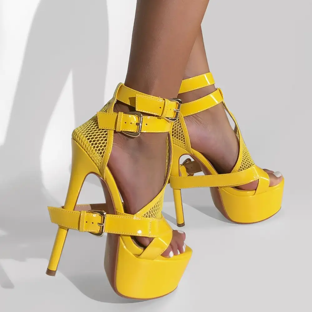 Mesh Buckle Ankle Strap Platform Stiletto Sandals