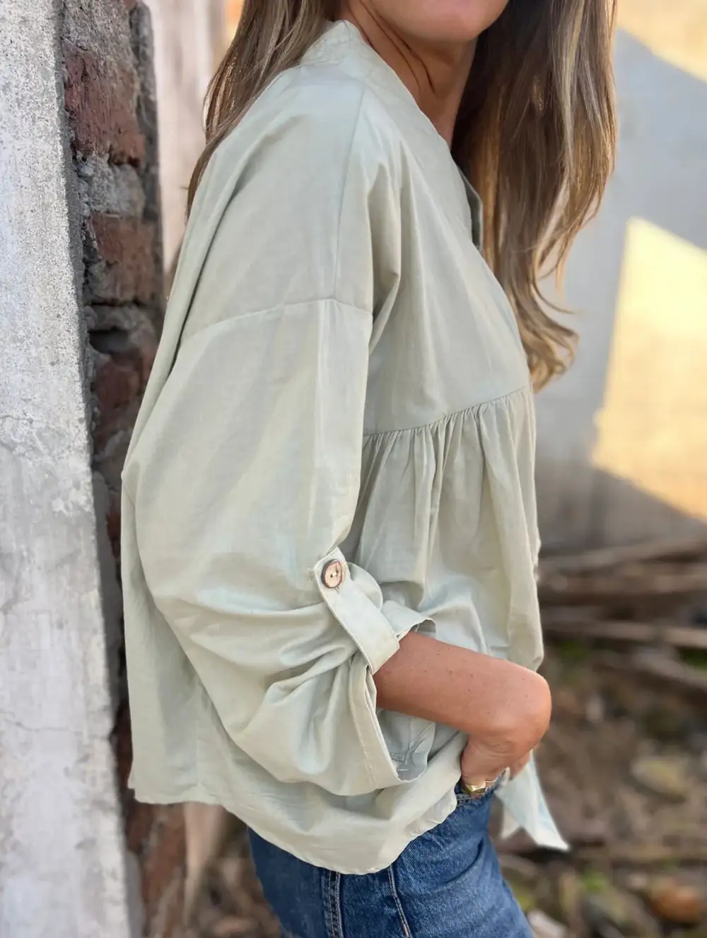 Loose V-Neck Pleated Shirt
