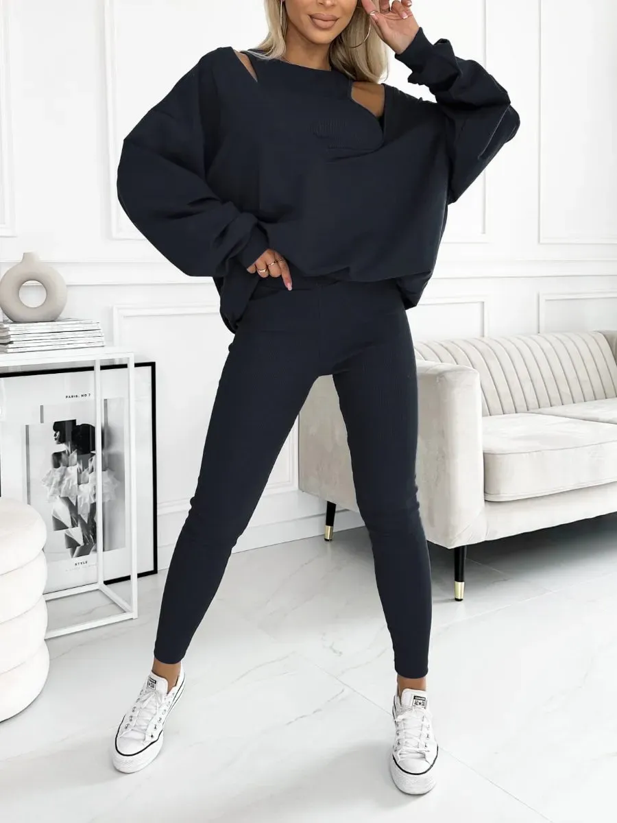 Women's Fashion Solid Color Sweatshirt 3 pieces Tanks and Lined Leggings