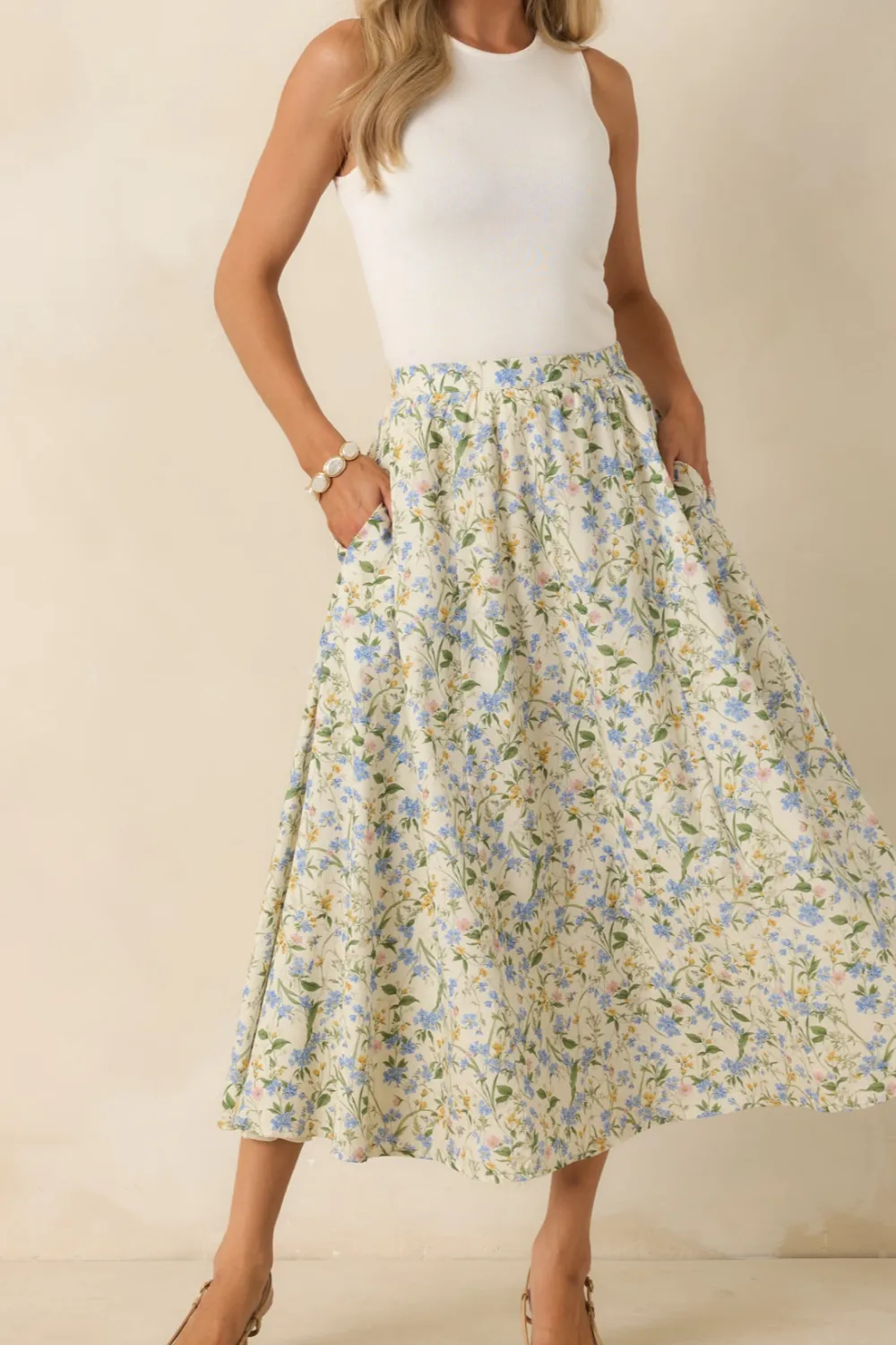 Multicolor Cotton Floral Midi Skirt