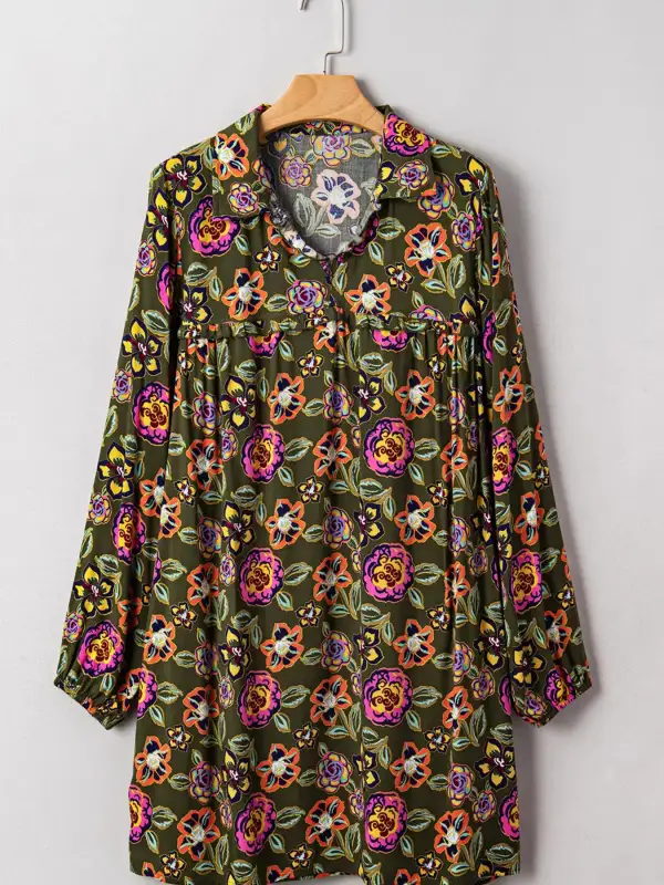 Smooth Finish Floral Printed Split Neck Mini Dress