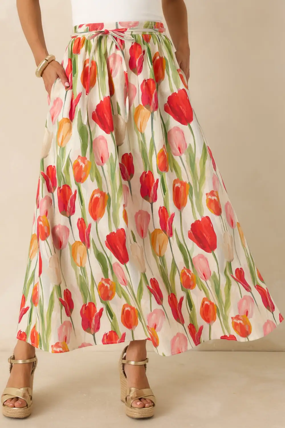 Multicolor Linen Blend Floral Midi Skirt