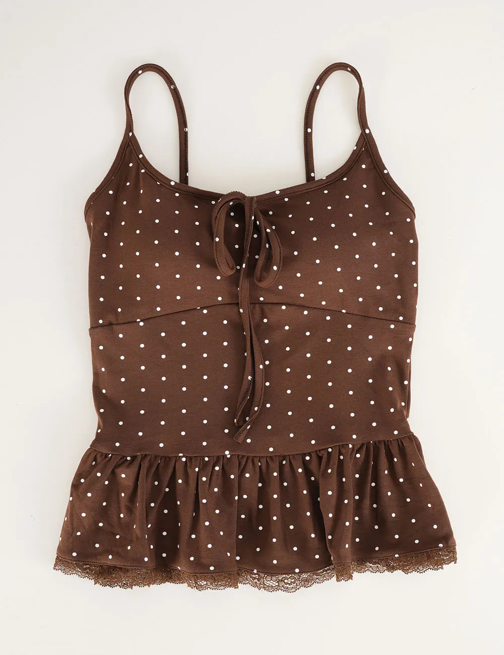 Polka Dot Scarf Neck Lace Trim Peplum Cami Top
