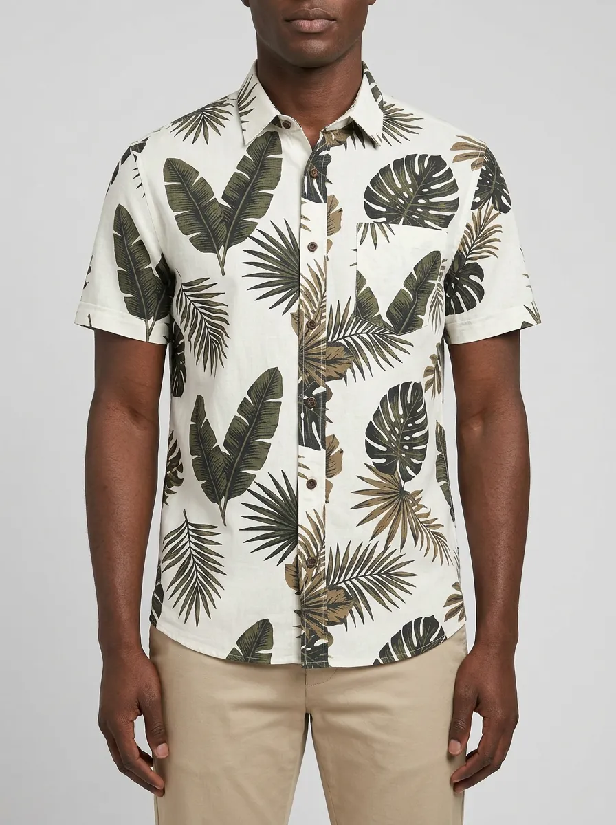 Men's Chest Pocket Tropical Leaf Print Short Sleeve Shirt
