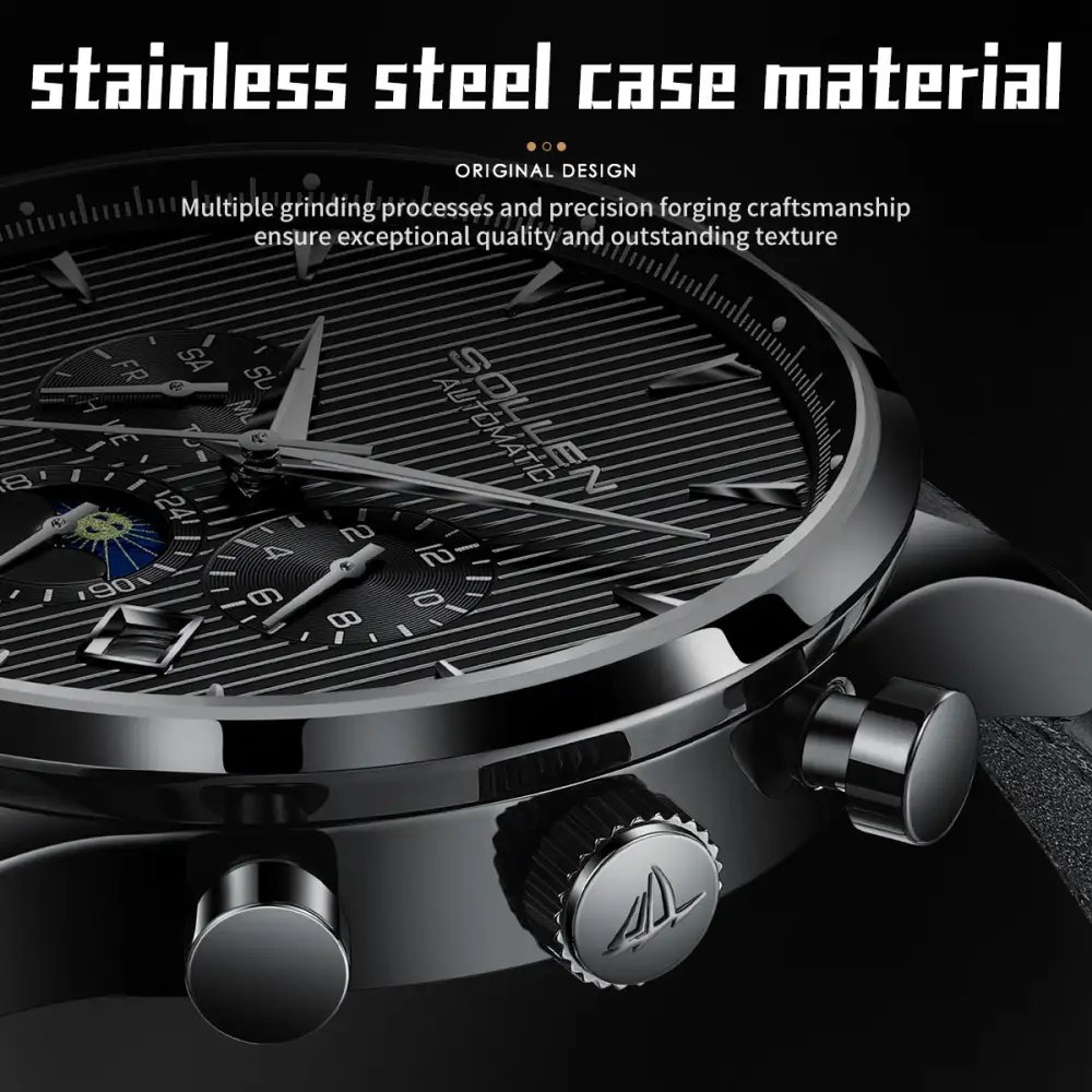 Sollen SL303 Men's Multi-Function Automatic Mechanical Watch - 41.5mm Stainless Steel Case Sun & Moon Phase Calendar Dial Wristwatch
