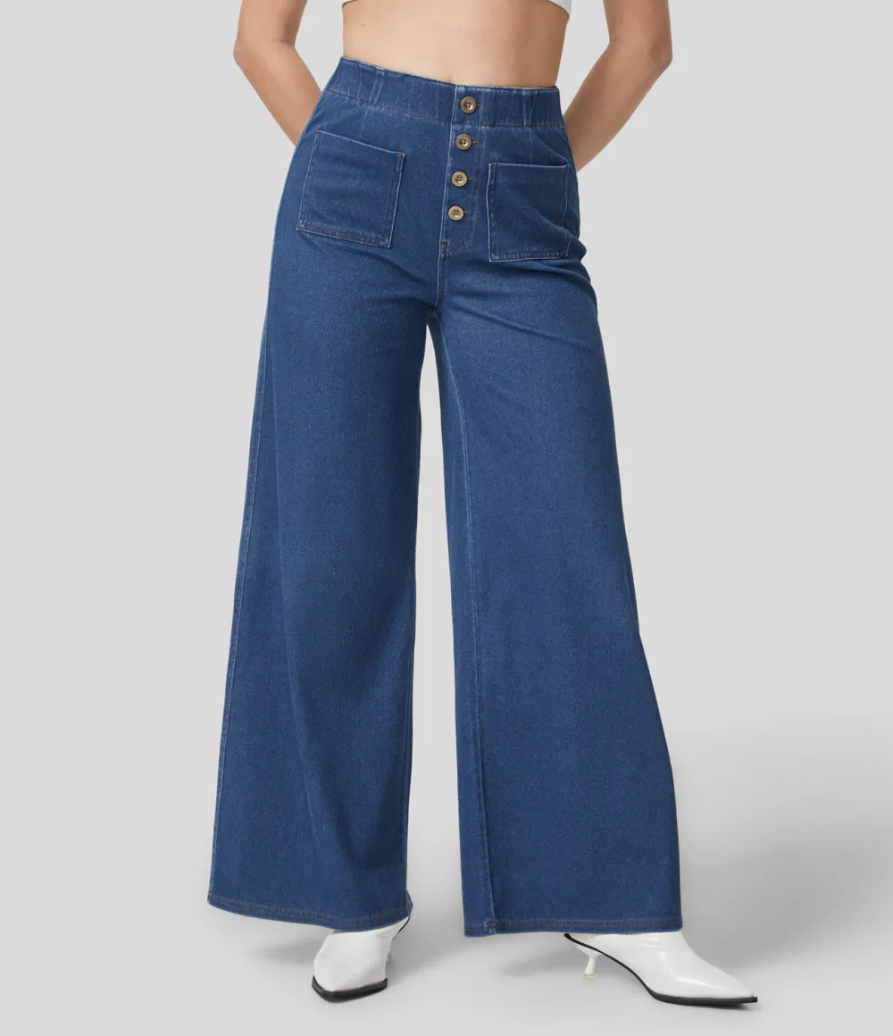 Magic High Waisted Button Multiple Pockets Washed Stretchy Knit Casual Wide Leg Full Length Jeans