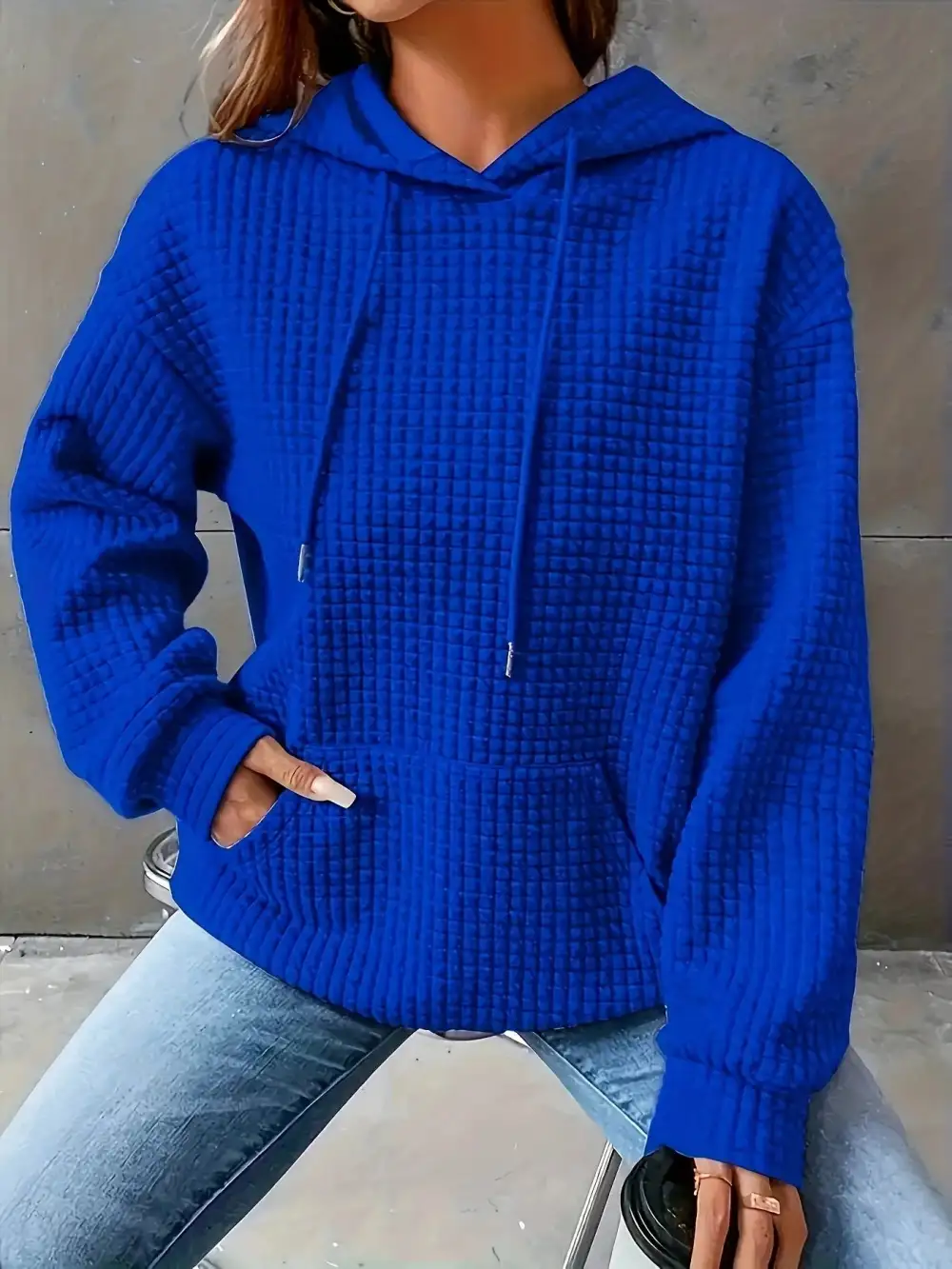 Drawstring Pocketed Textured Knit Hoodie