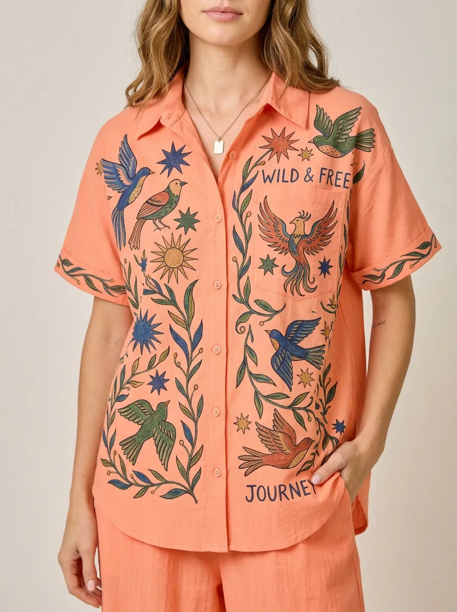 Women's Boho Wild & Free Bird Floral Graphic Button-Up Shirt