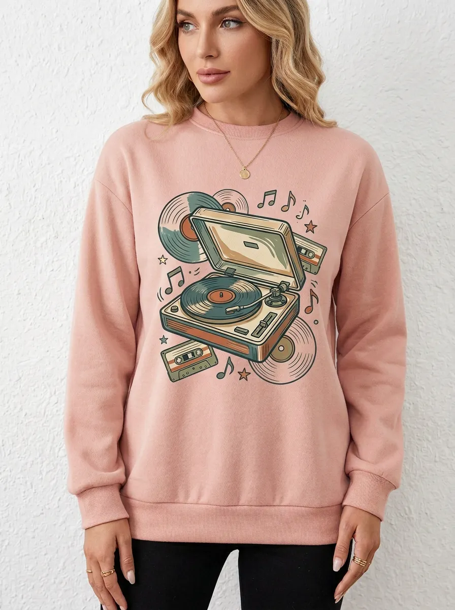 Women's Retro Music Vinyl Record Cassette Graphic Sweatshirt