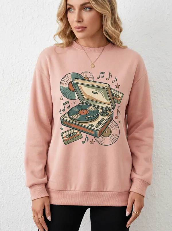 Women's Retro Music Vinyl Record Cassette Graphic Sweatshirt