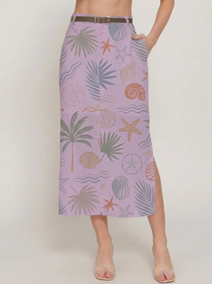 Women's Coastal Tropical Seashell Starfish Printed Midi Skirt