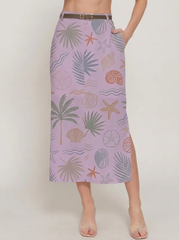Women's Coastal Tropical Seashell Starfish Printed Midi Skirt