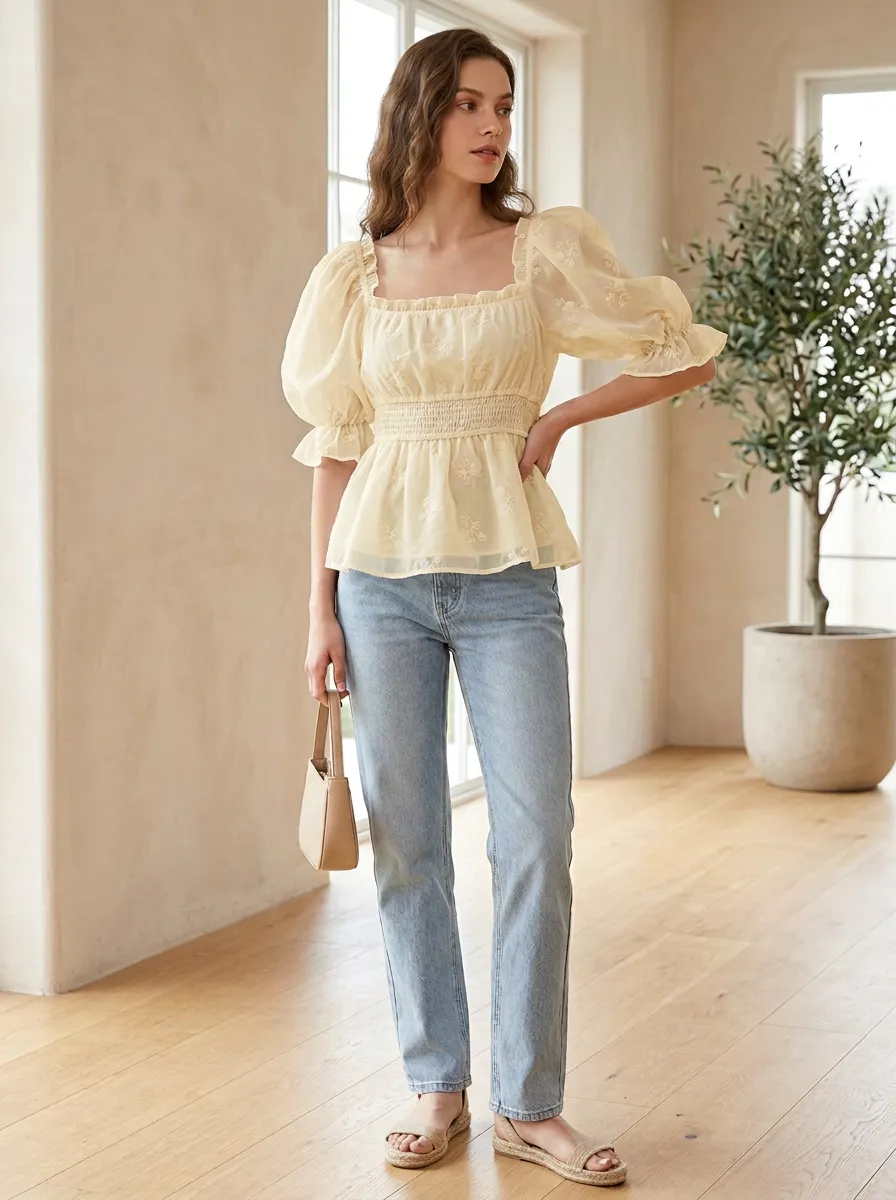 Embroidered Square-Neck Peplum Women's Puff-Sleeve Blouse