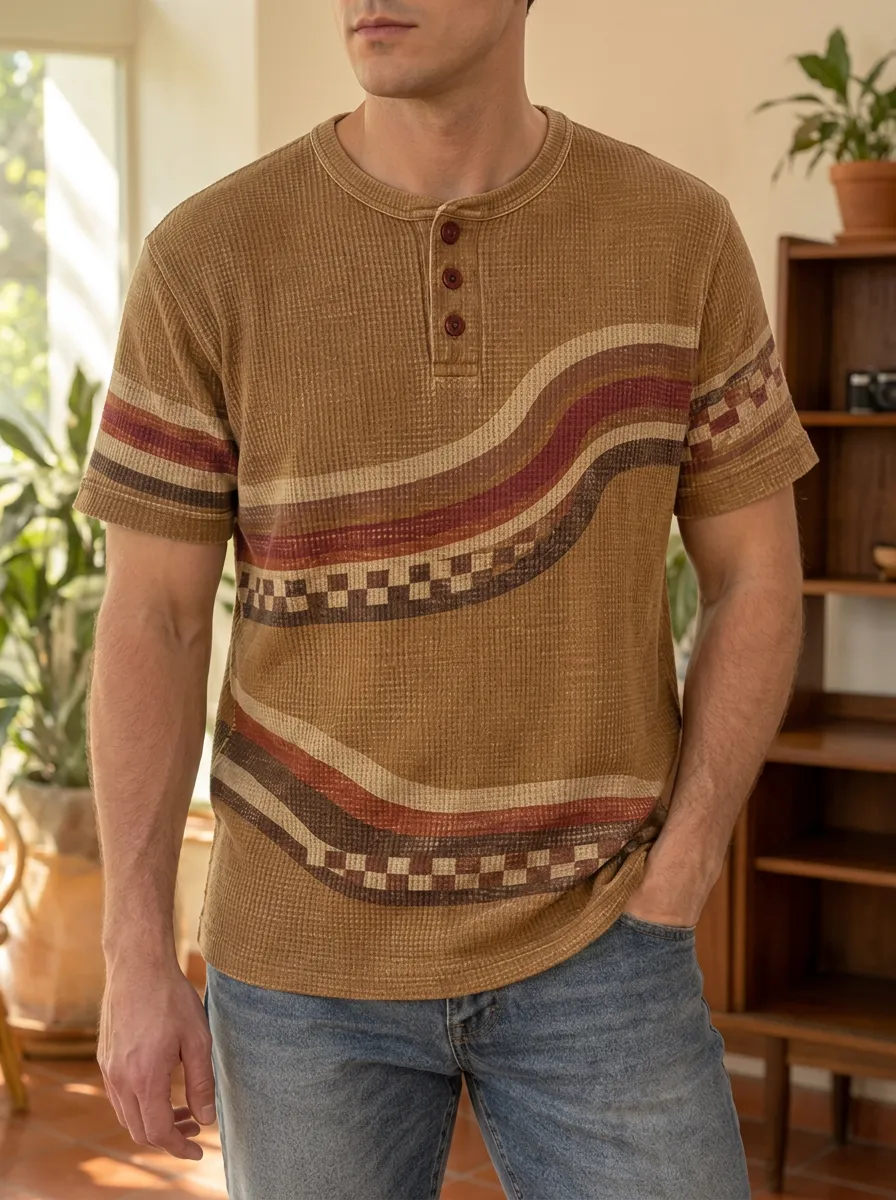 Men's Classic Retro Waffle Knit Geometric Stripe Henley T-Shirt