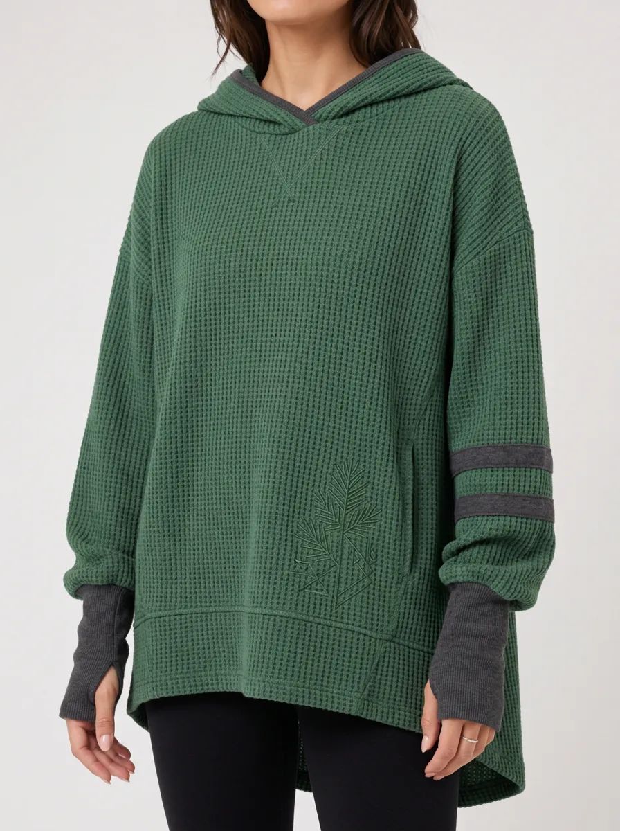 Women's Forest Fern Pattern Waffle Knit Hooded Top