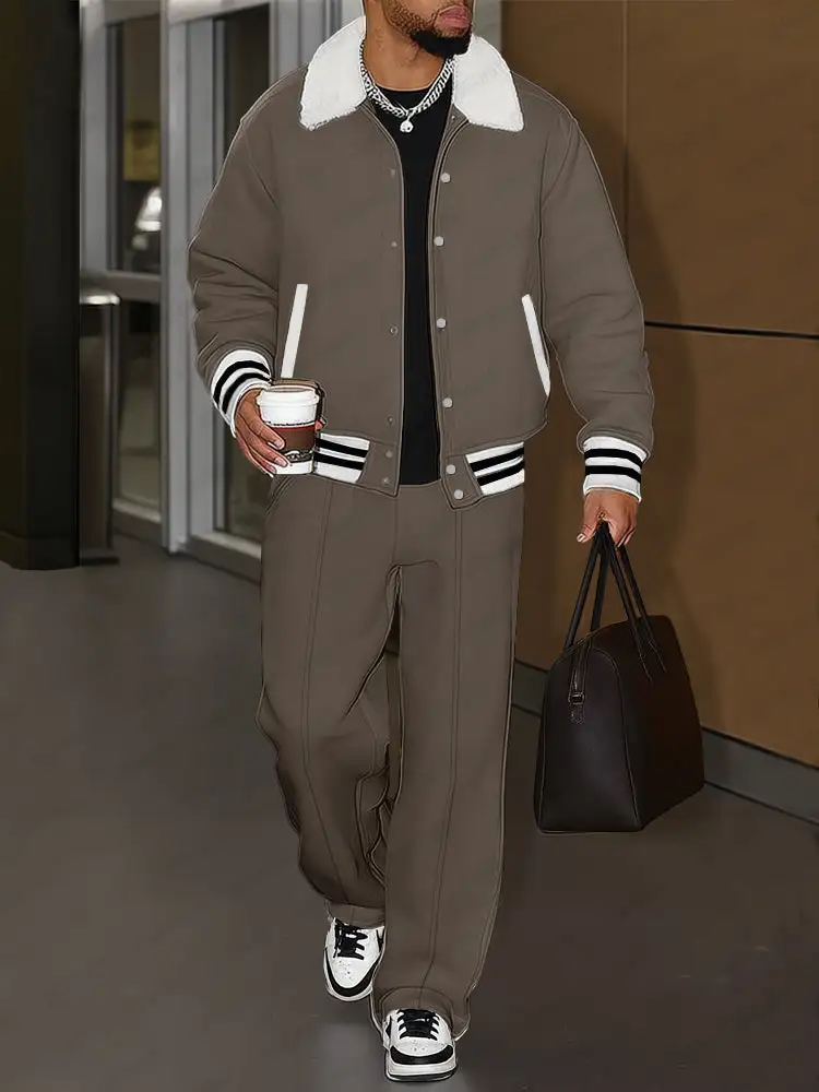 Brushed-Trim Cotton Jacket & Pants Set