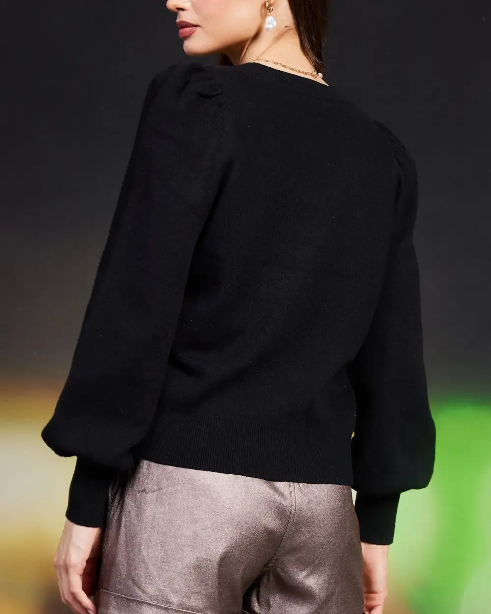 Relaxed Ribbon Trim Puff Sleeve Cardigan