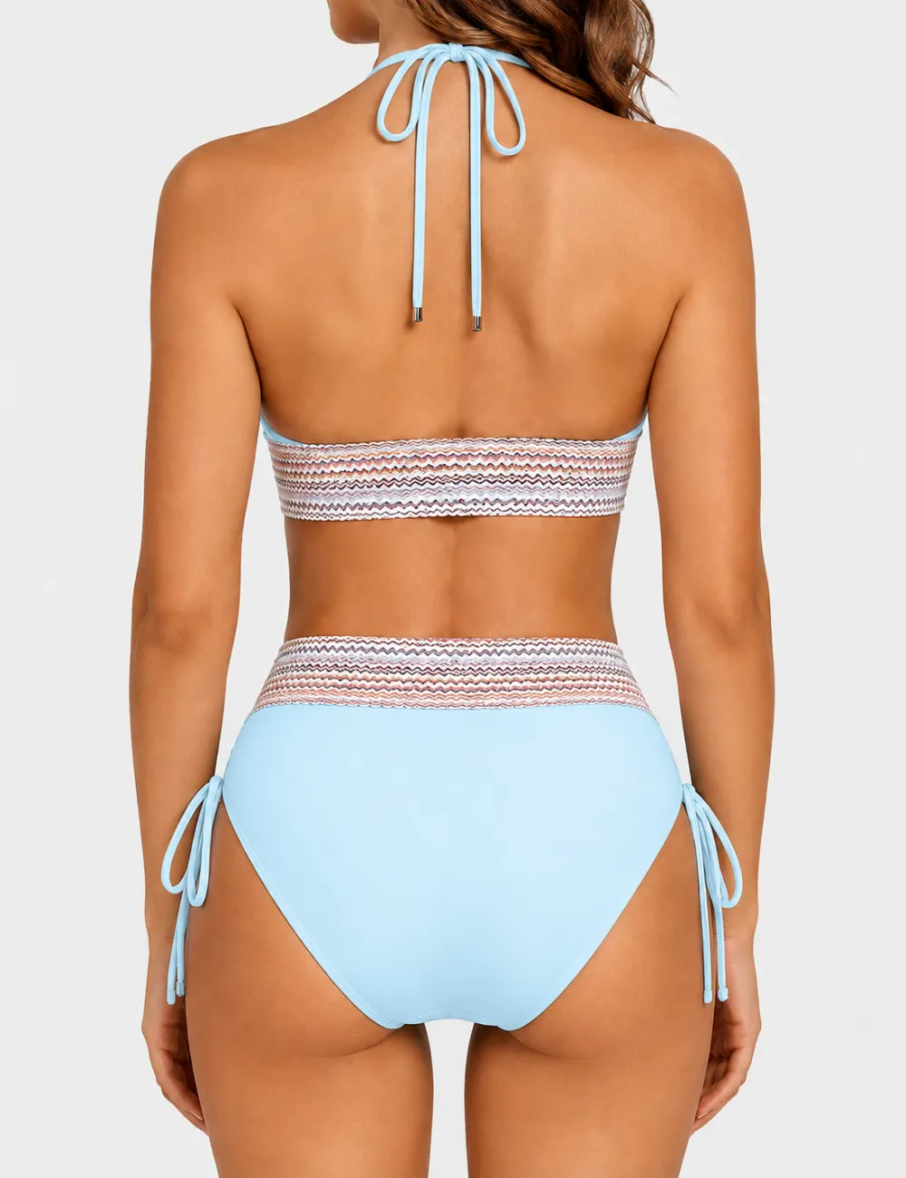 Deep V Neck Colorful Zigzag Smocked Trim Bikini Set