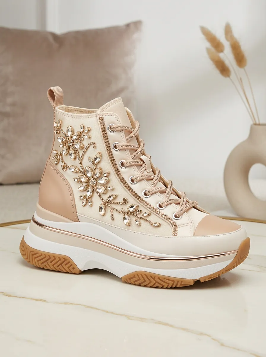 Floral Lace-Detail High-Top Women's Rhinestone Platform Shoes