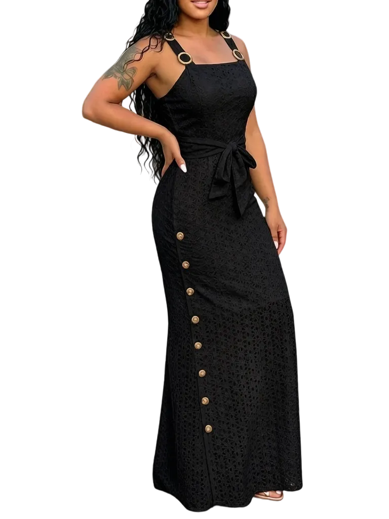 Women's open-back, side-slit embroidered spaghetti strap dress