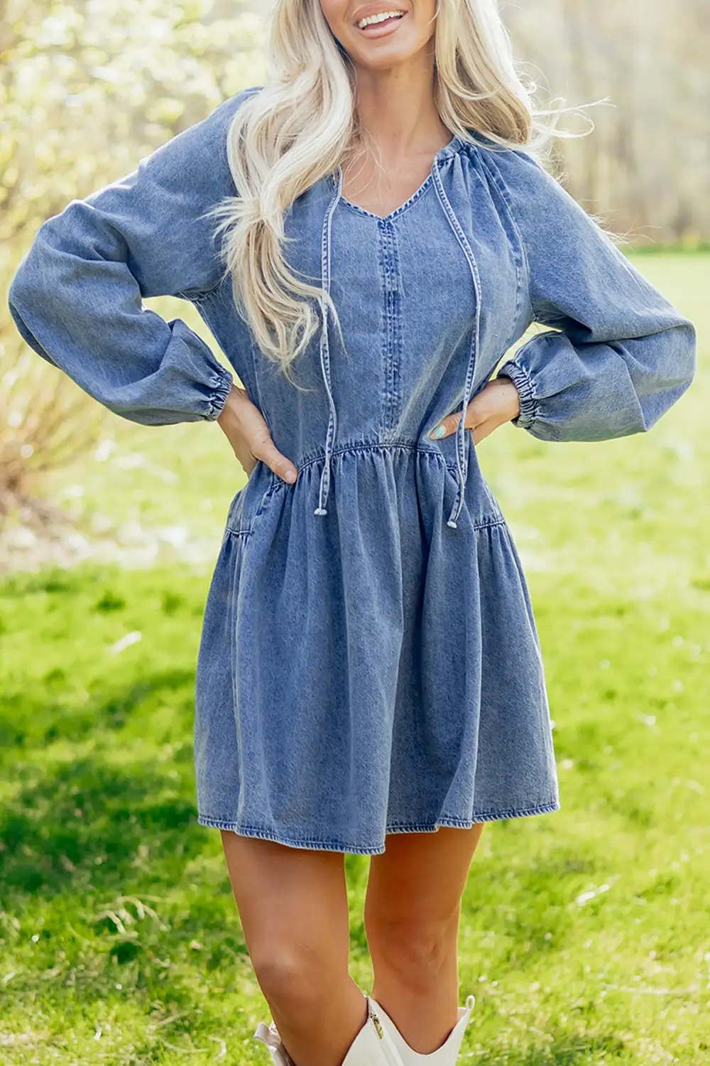 Denim V Neck Ruffle Mini Dress