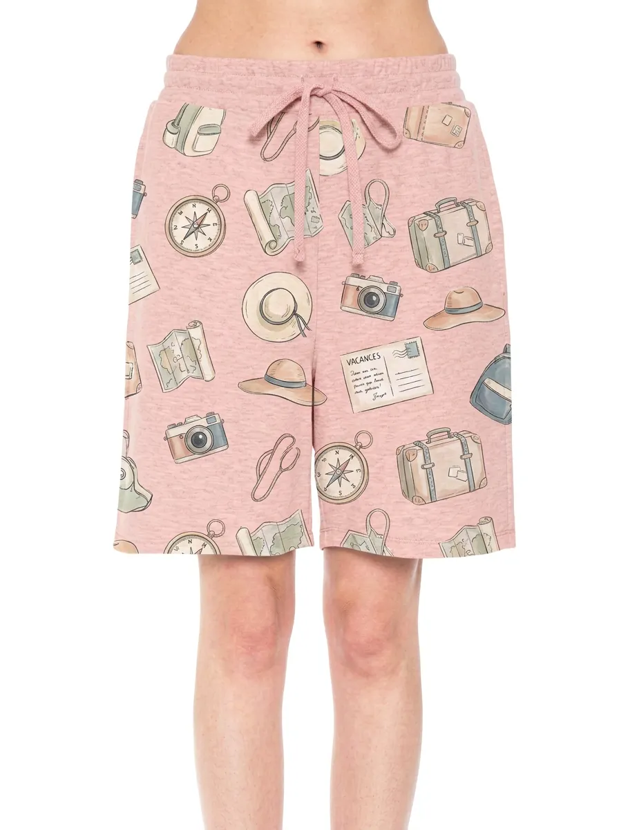 Women's Travel Vacation Map Camera Graphic Shorts