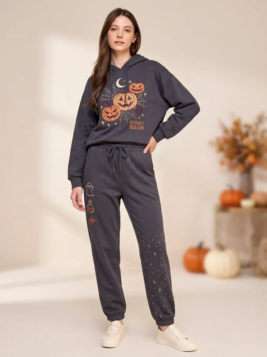 Women's Halloween Spooky Season Pumpkin Printed Loungewear Set