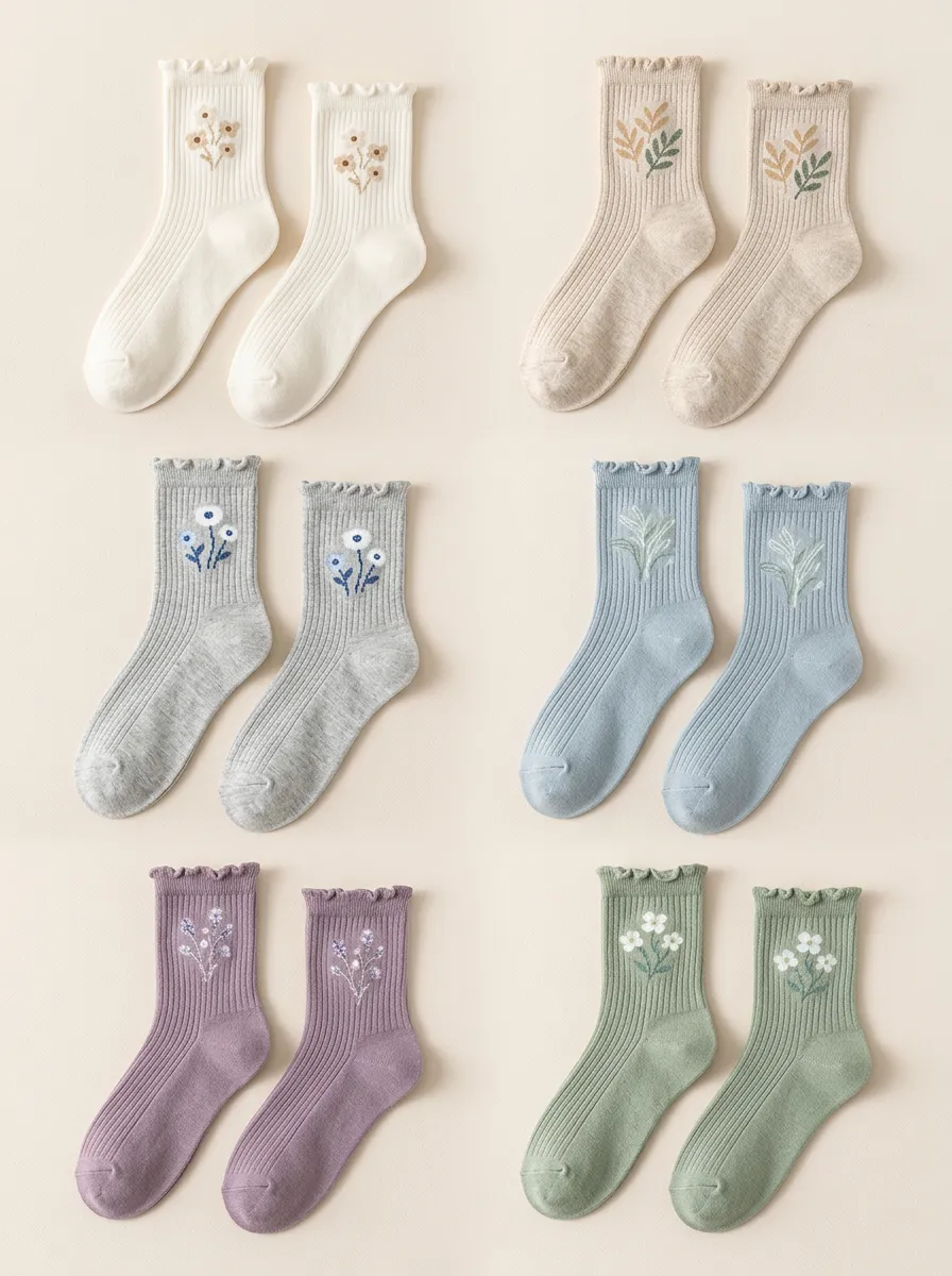Women's Embroidered Crew Socks Six Pair Set