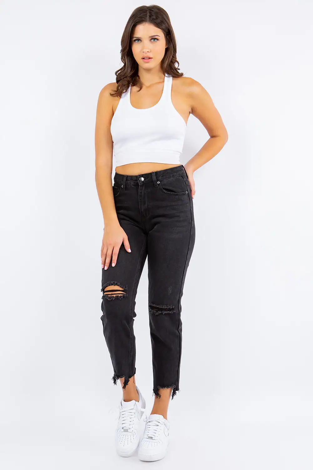 Contoured High Waist Straight Leg Distressed Denim Jeans